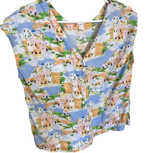 Womens Sleeveless V Neck Button Up Top Scenic Print Linen Blend Large - Picture 1 of 8